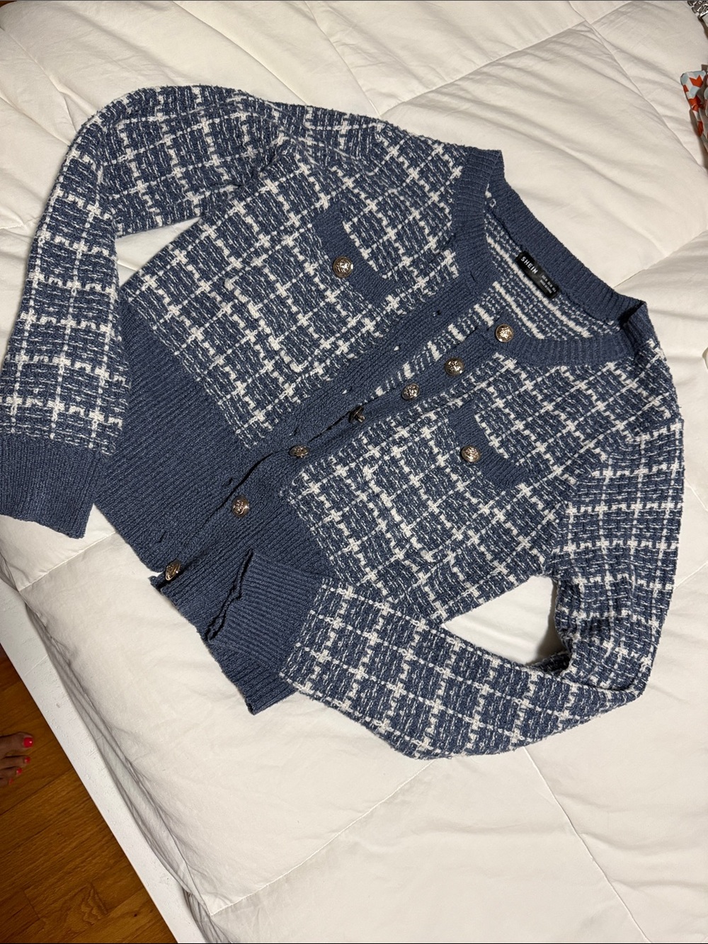 SHEIN Navy and White Tweed-Style Button Cardigan